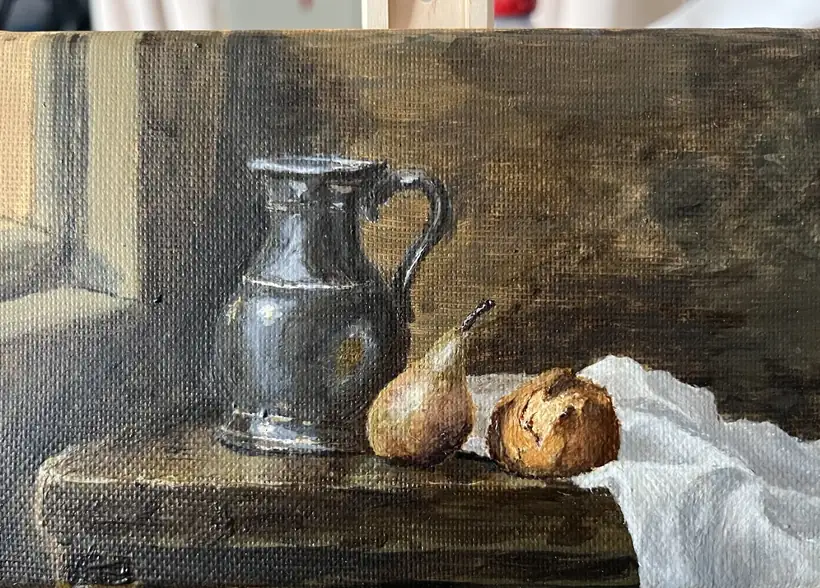 Acrylic still life painting with jug and pear