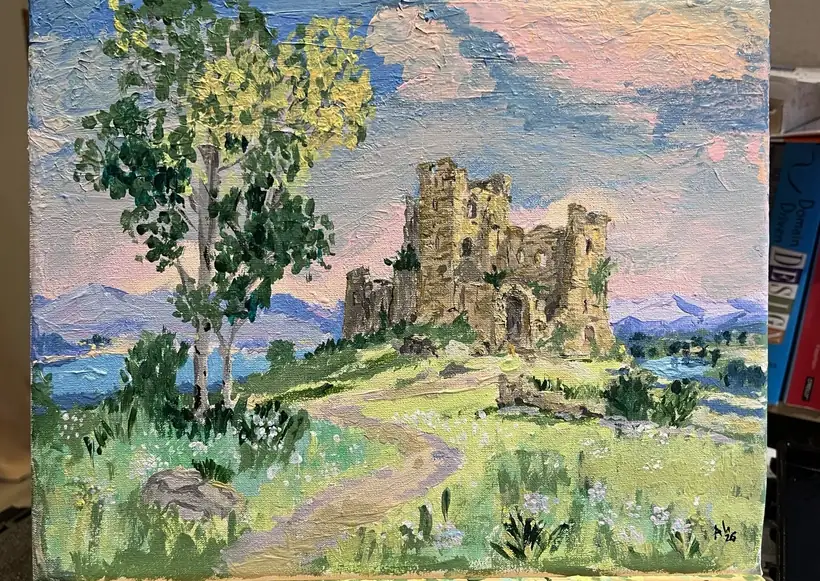 Acrylic painting of a ruined castle in a bright landscape