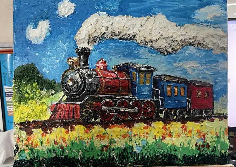 Acrylic painting of a red and black steam locomotive