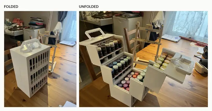 Actual 3D-printed acrylic paint case in folded and unfolded configurations