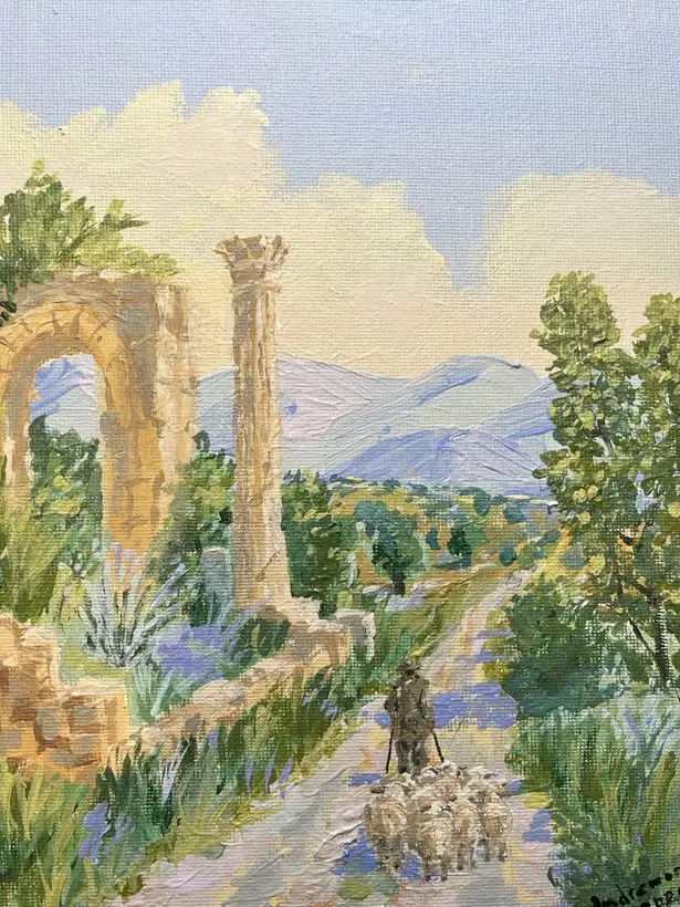 Vertical landscape study with ruins, mountains and a shepherd leading sheep.