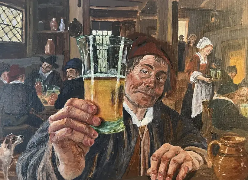 Narrative interior scene with a raised glass and multiple figures.